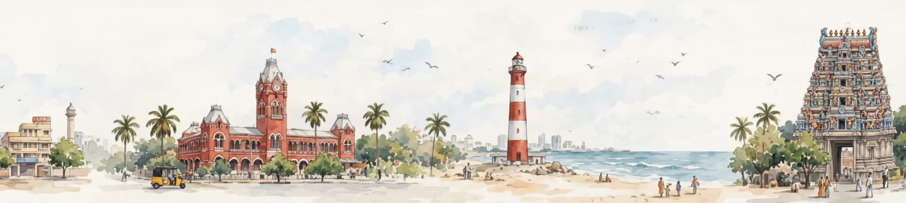 A hand-painted Chennai: Central station, an auto, Marina beach and lighthouse, Kapaleeswarar temple